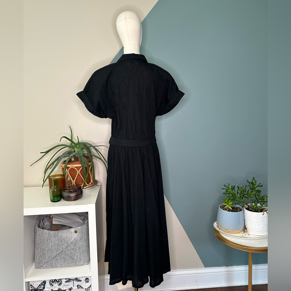 Vintage G Collection Black Cotton Shirt Dress USA 18 Belted Midi Fit & Flare - Picture 5 of 13